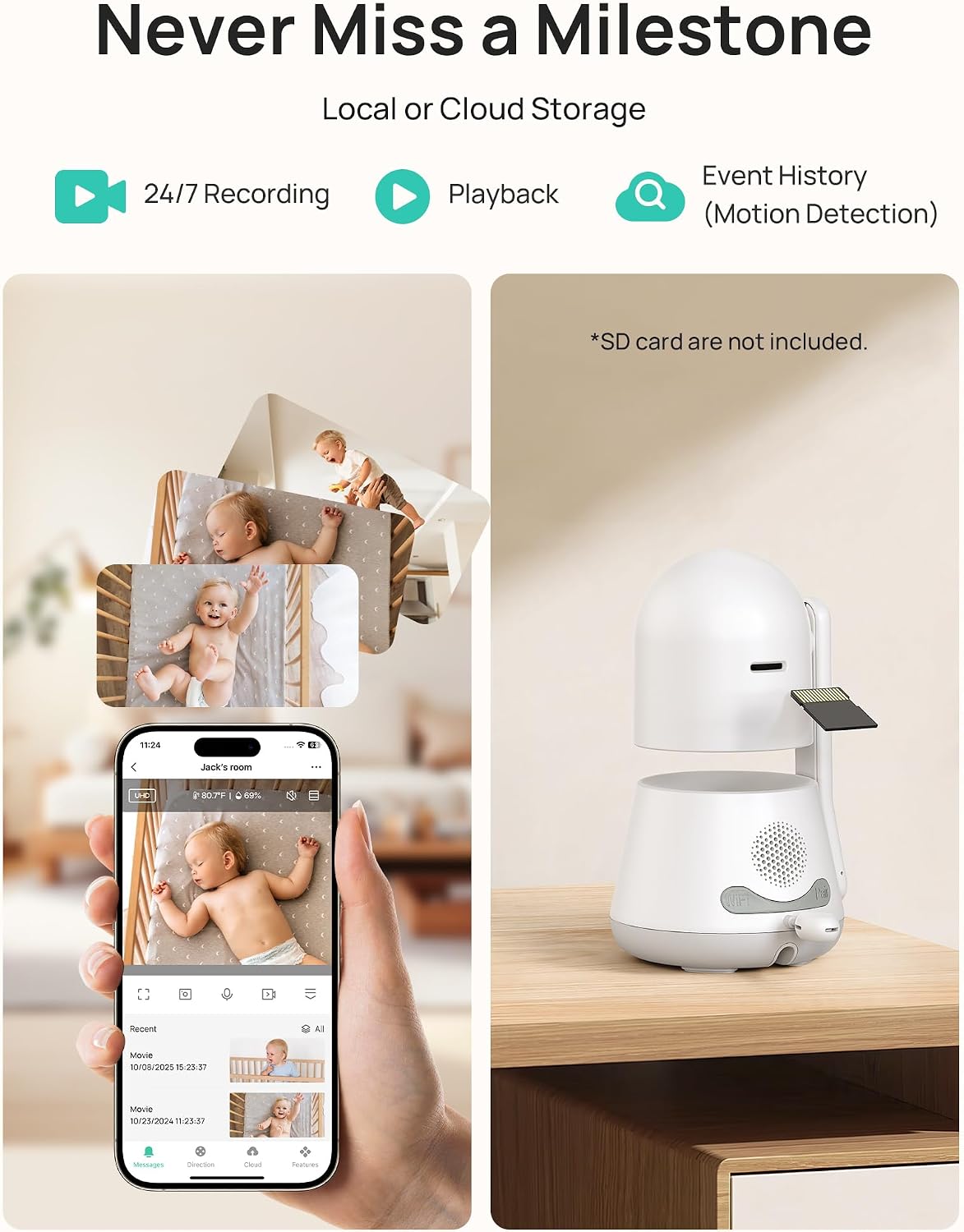 Dr.Care LumiView Smart WiFi Baby Monitor - 5' 1080P FHD & 2K Camera App Control, Privacy Mode, 5000mAh Removable Battery,Cry & Motion Alerts, HD Night Vision, RGB Night Light, Multi-User, 1279ft Range