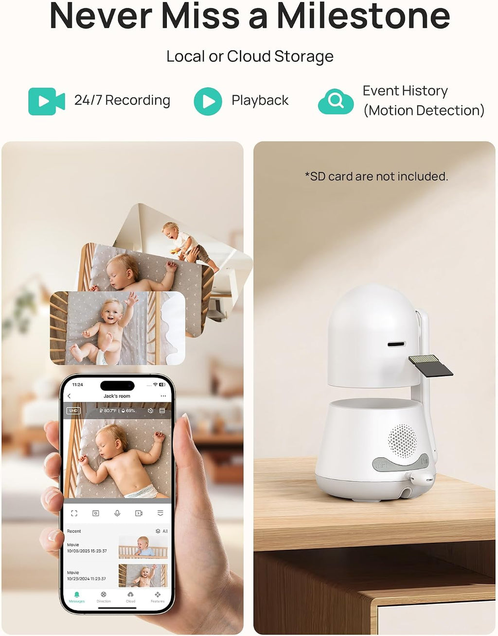 Dr.Care LumiView Smart WiFi Baby Monitor with 2 Cameras - 5' 1080P FHD & 2K Camera App Control, Privacy Mode, 5000mAh Removable Battery, Cry & Motion Alerts, HD Night Vision, Multi-User,1279ft Rang