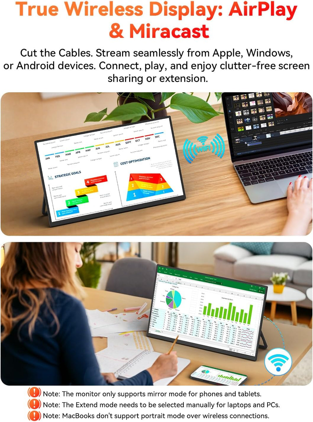 15.6' Wireless Portable Monitor Battery-Powered, Support AirPlay Miracast, 1080P IPS Monitor USB-C HDMI External Display, 2nd Screen for Laptop MacBook PC Phone Tablet, w/Built-in Battery(4- 5H)
