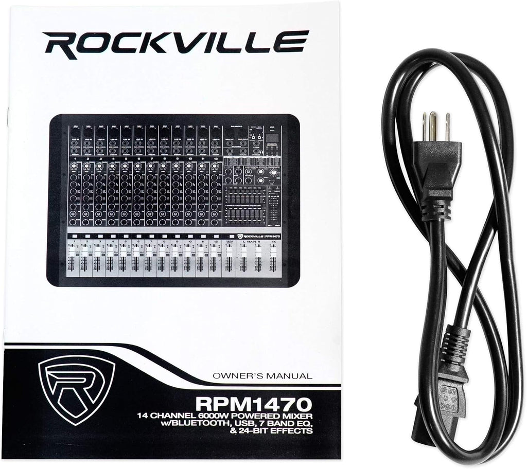 Rockville RPM1470 6000W Peak 14-Channel Powered Mixer, 750W RMS x 2 at 4 Ohm, USB/Bluetooth, 24-Bit Effects, 14 XDR2 Mic Preamps, for Live Events/Church Bands