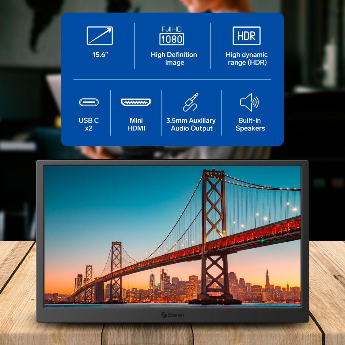 STEREN 16' Portable HDR Monitor for Laptops – Full HD Display with USB-C, HDMI, and Ultra-Slim Design