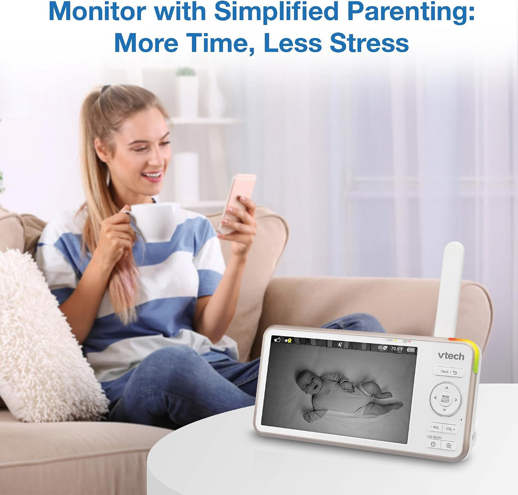 VTech V-Care VC2105 1080p FHD Over-The Crib Mount Smart Baby Monitor 5' 720p LCD Screen,Table Stand,Remote Access,Versatile Placement,Intelligence Detection, Sleep Analysis,18hrs Recording,with WiFi