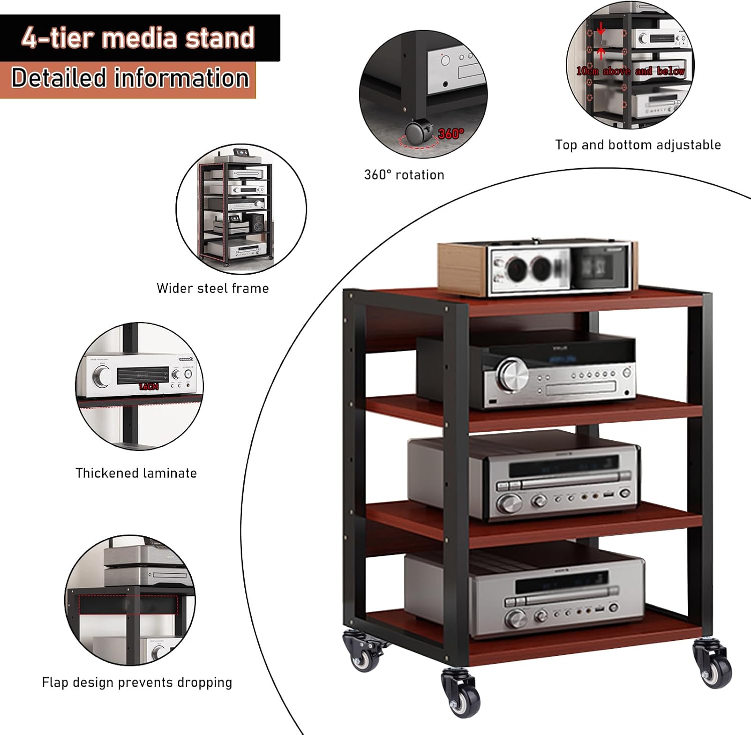 3/4/5Tier Media Rack with Shelf Height Adjustable Component Cabinets, Floor Standing Removable Stereo Cabinet Corner, Av Component Media Racks for Home, Office, and Theatres (4 Tier-YM)
