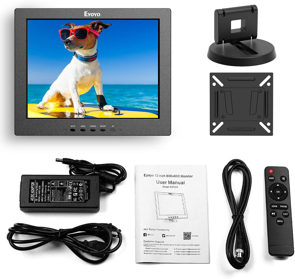 Eyoyo 12 Inch HDMI Monitor with BNC VGA AV HDMI Input 800x600 Portable 4:3 TFT LCD Mini HD Color Screen with Built-in Speaker