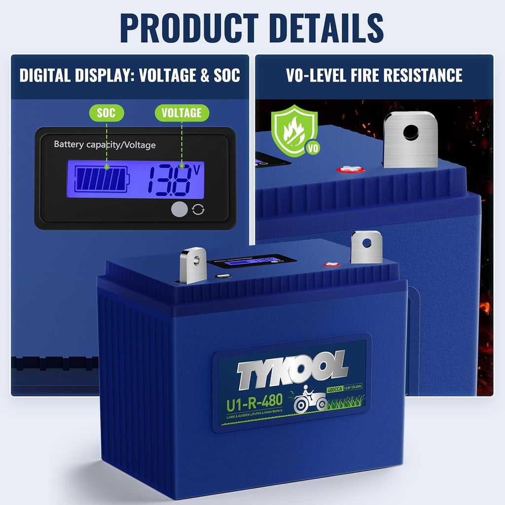 TYKOOL Group U1R Lithium Lawn Mower Battery,12.8V 12Ah,480CCA, Fits for Ride on Lawn Mower and Gardon Tractor,Compatible with John Deere,Cub Cadet,Craftsman,Troy-Bilt Mower, Positive on Right [- +]