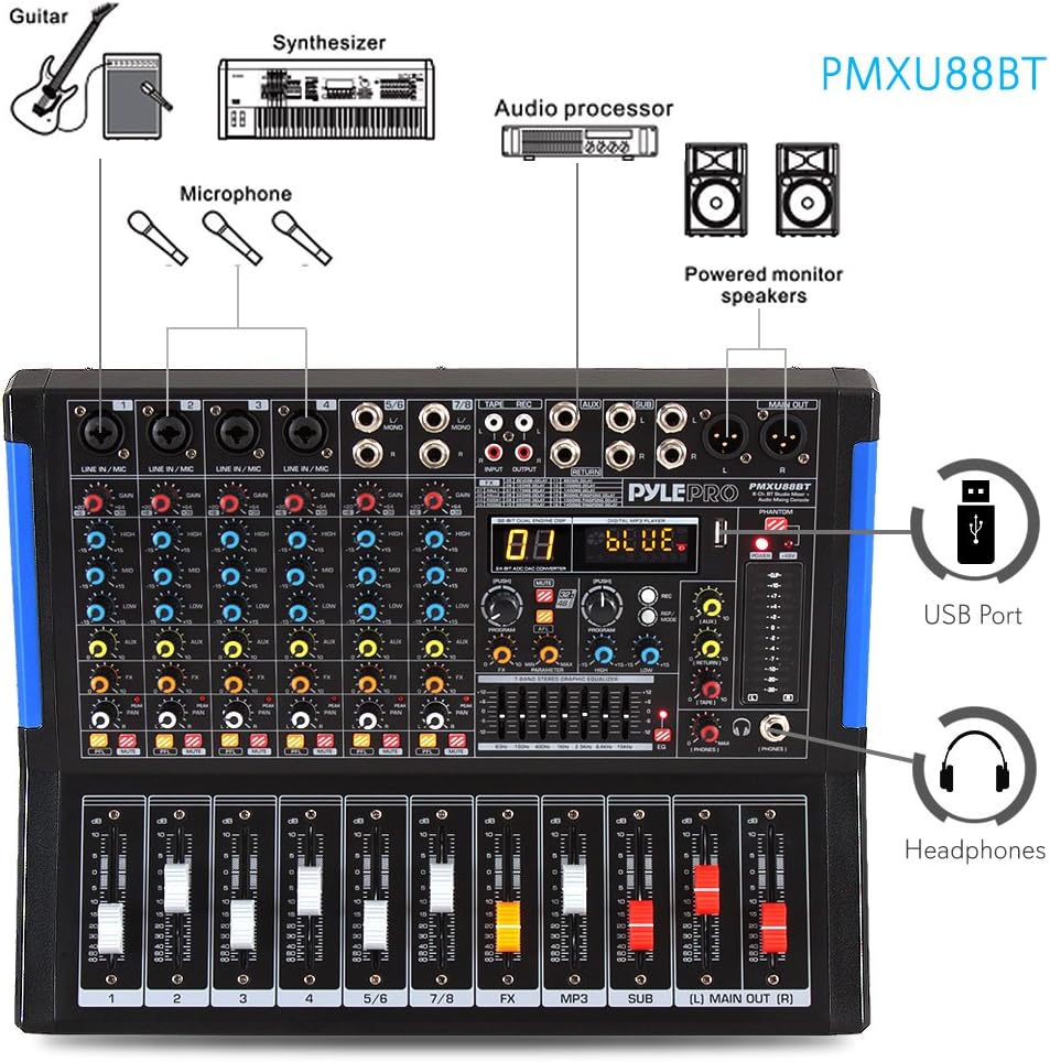 Pyle 8-Channel Console Style Audio Mixer with Bluetooth - DJ Sound Controller, 4 XLR / Combo Inputs, Sub Out, +48V Phantom, USB-A In, 16 DSP Effects, MP3 Player, 7-Band EQ - PMXU88BT