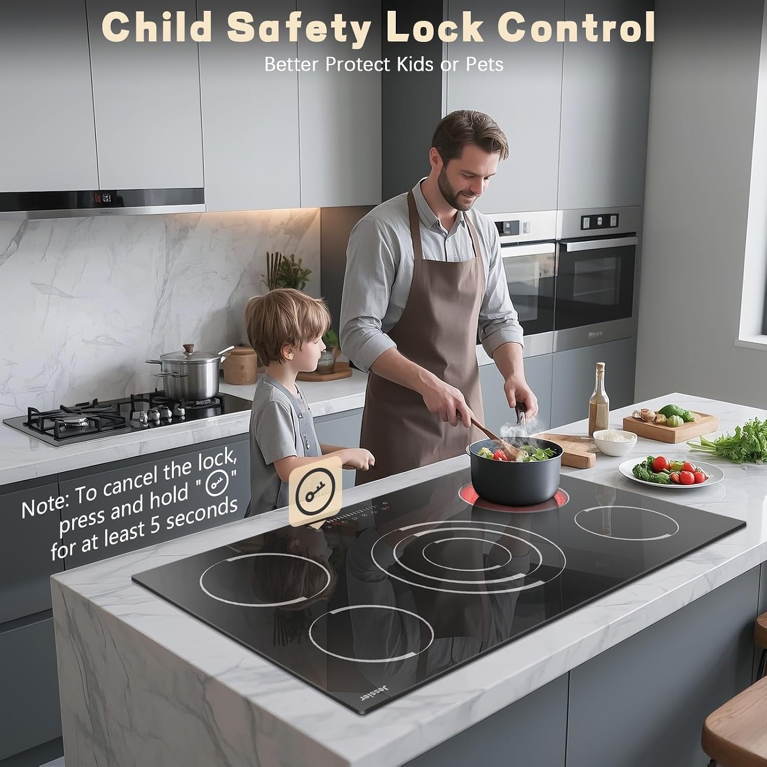 Electric Cooktop 36 Inch - 9200W High Power 5 Burners Electric Stovetop, Built-in 36 Inches Ceramic Burner Knob and Touch, Timer, Safety Lock, Expandable Ring, 220-240V Hard Wired (No Plug)