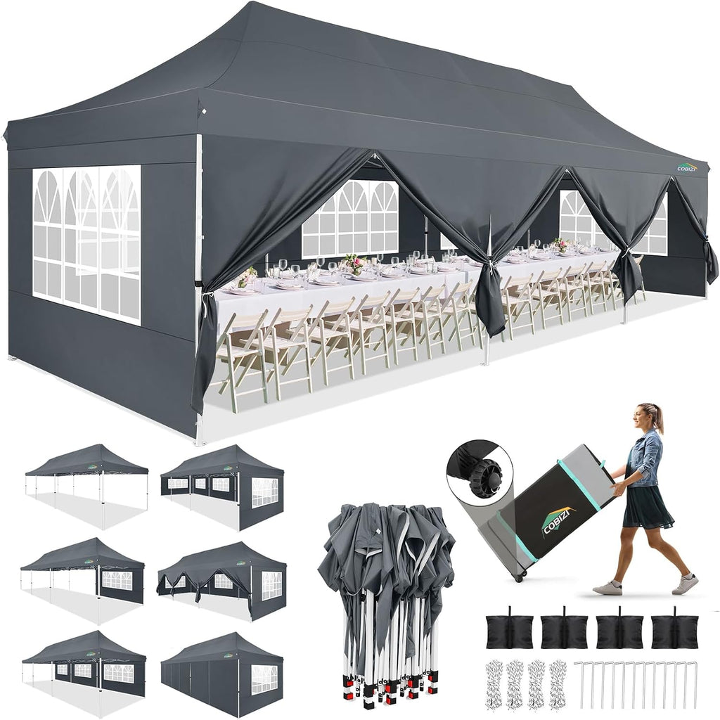 COBIZI 10x30 Pop up Canopy with 8 Removable Sidewalls & 4 Sandbags, Party Tent for Parties, Wedding, and Commercials, Waterproof and Instant Shelter UV50+ Ez Outdoor Canopy Tent with Roller Bag