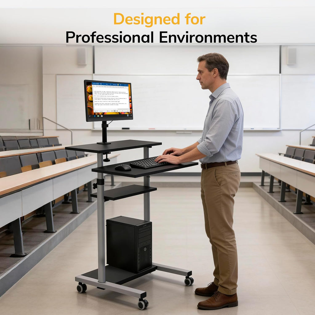 Mount-It! Mobile Computer Cart with Monitor Mount for Screen up to 32', Portable Desk on Wheels, Rolling Laptop Stand Teachers, Office, Classroom, Rise up to 53', Projector, Podium, Keyboard Tray