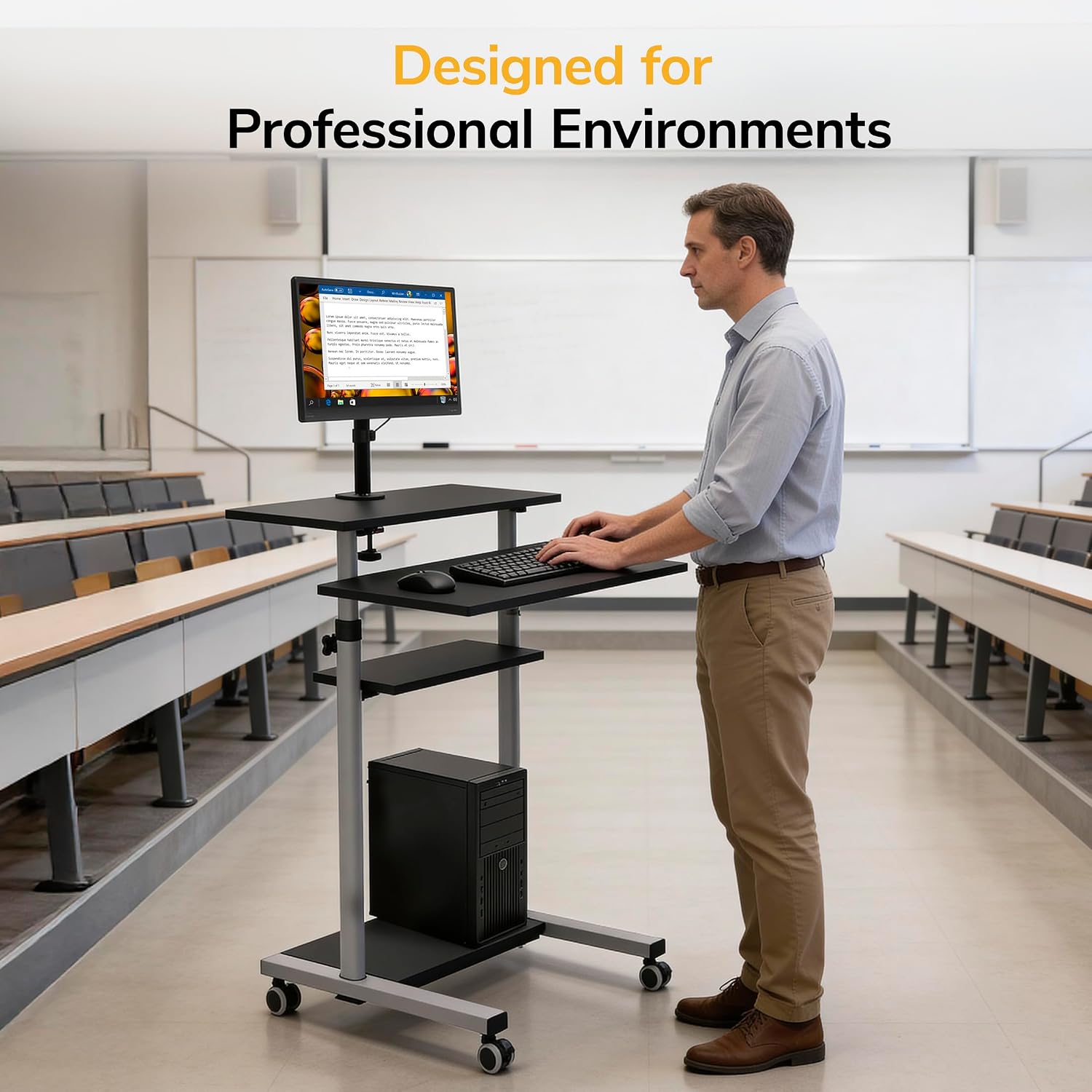 Mount-It! Mobile Computer Cart with Monitor Mount for Screen up to 32', Portable Desk on Wheels, Rolling Laptop Stand Teachers, Office, Classroom, Rise up to 53', Projector, Podium, Keyboard Tray