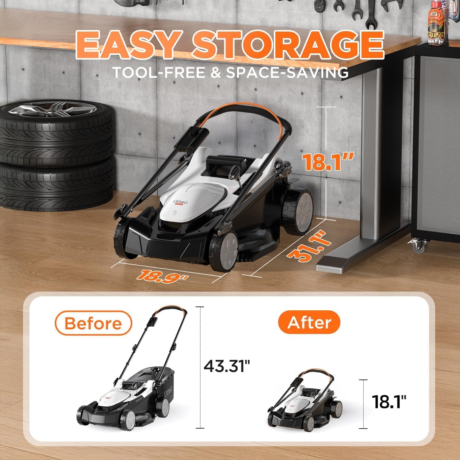 Litheli 18-inch 40V Brushless Lawn Mower for Garden Yards, Lightweight Cordless Lawn Mower Battery Powered with 6-Position Height Adjustment, 2x4.0Ah Battery Include