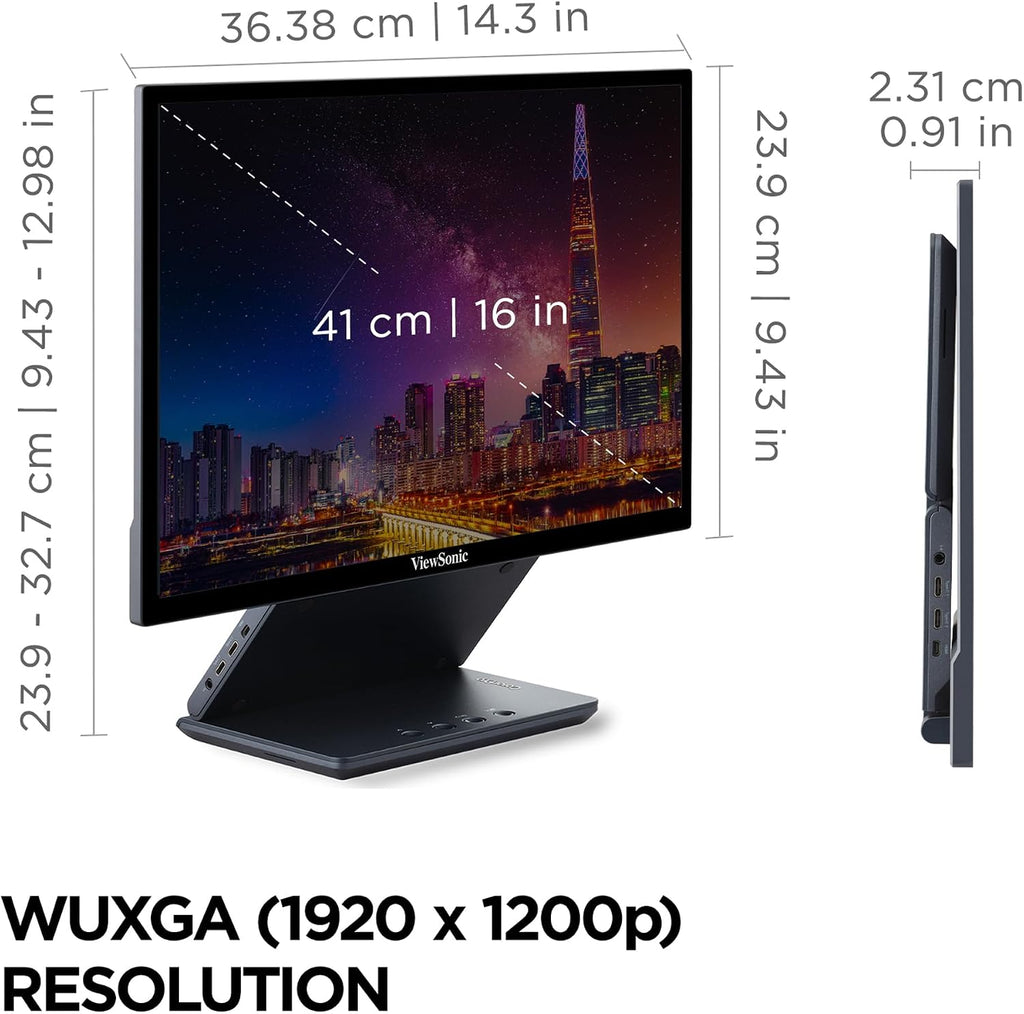 ViewSonic VP1656 15.6 Inch 1200p ColorPro Monitor, IPS Display with Pantone Validated Color Accuracy for Immersive Second Screen Productivity, Advanced Ergonomics, 40W USB-C, and Micro HDMI Inputs