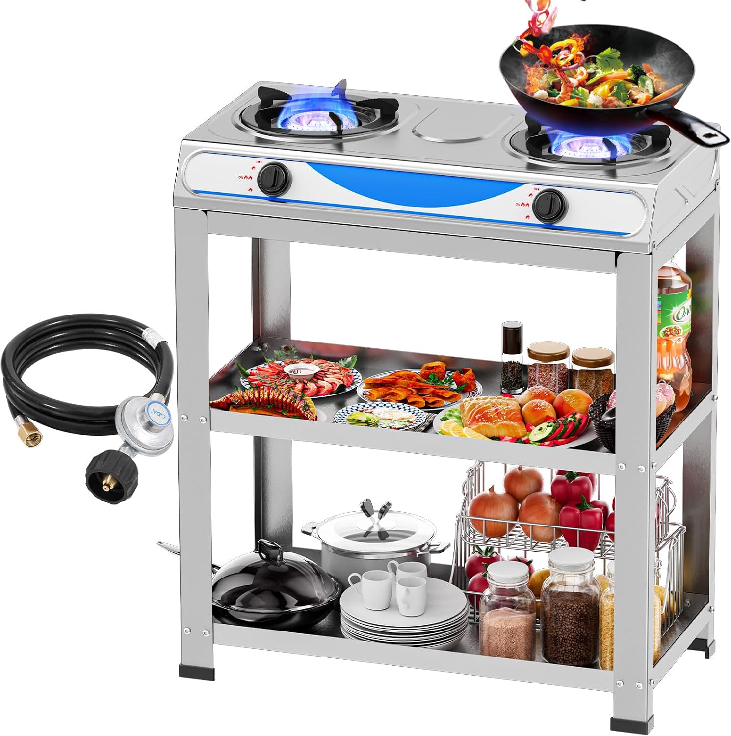 2 Burner Propane Gas Stove,19000BTU Portable Gas Stove with Support Leg Stand and Adapter Auto Ignition Camping Stove,propane burner for RV, Apartment, Outdoor Cooking