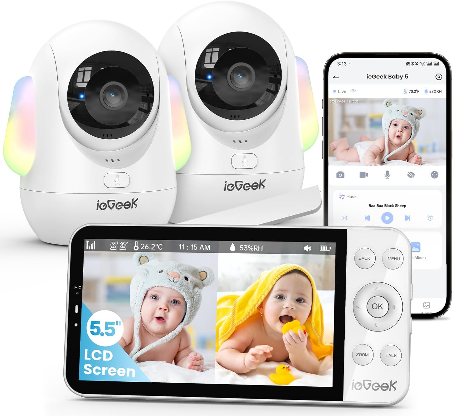 ieGeek 5.5'' Split-Screen Baby Monitor,2.5K UHD Baby Monitor with 2 Cameras and Audio,Night Light,Prone Sleeping&Cry Detection,Two-Way Talk,Night Vision,2.4G&5Ghz WiFi App Control,4000mAh Battery