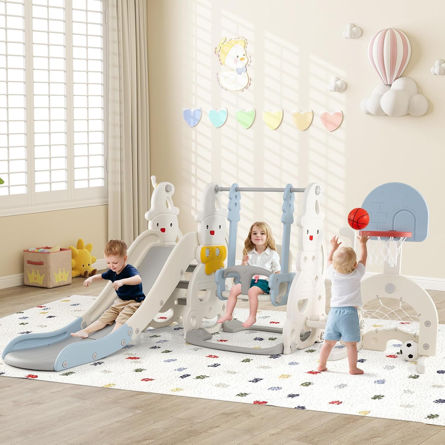 Costzon Toddler Swing and Slide Set, 7 in 1 Toddler Slide for Kids w/Height Adjustable Basketball Hoop & Swing, Climber, Golf, Soccer, Ring Tossing, Freestanding Indoor Playground for Girls & Boys