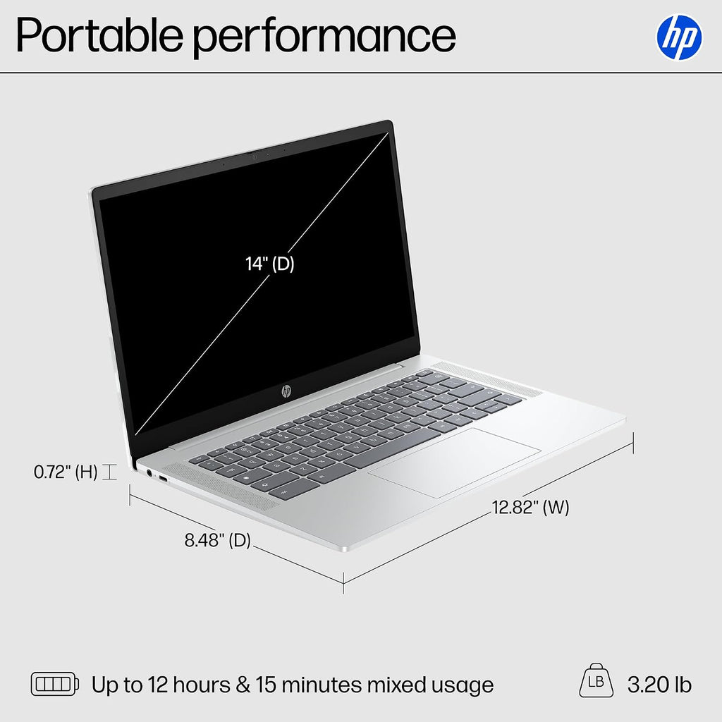 HP Chromebook 14 inch Laptop, HD Display, Intel Processor N100, 4 GB RAM, 64 GB eMMC, Intel UHD Graphics, Chrome OS, Glacier Silver, 14a-nf0019nr