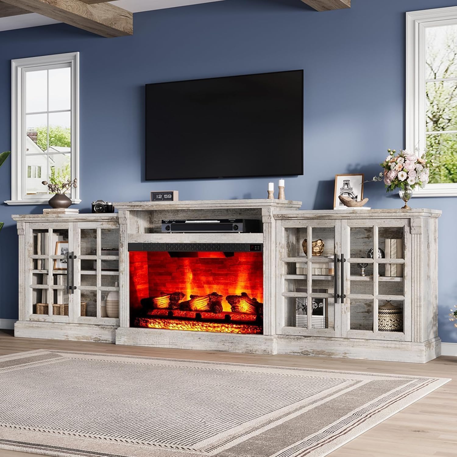 LUXOAK 97' Farmhouse TV Stand with 33' Fireplace for TVs up to 100', Media Entertainment Center with Large Storage Cabinet and Adjustable Shelves for Living Room, Light Grey