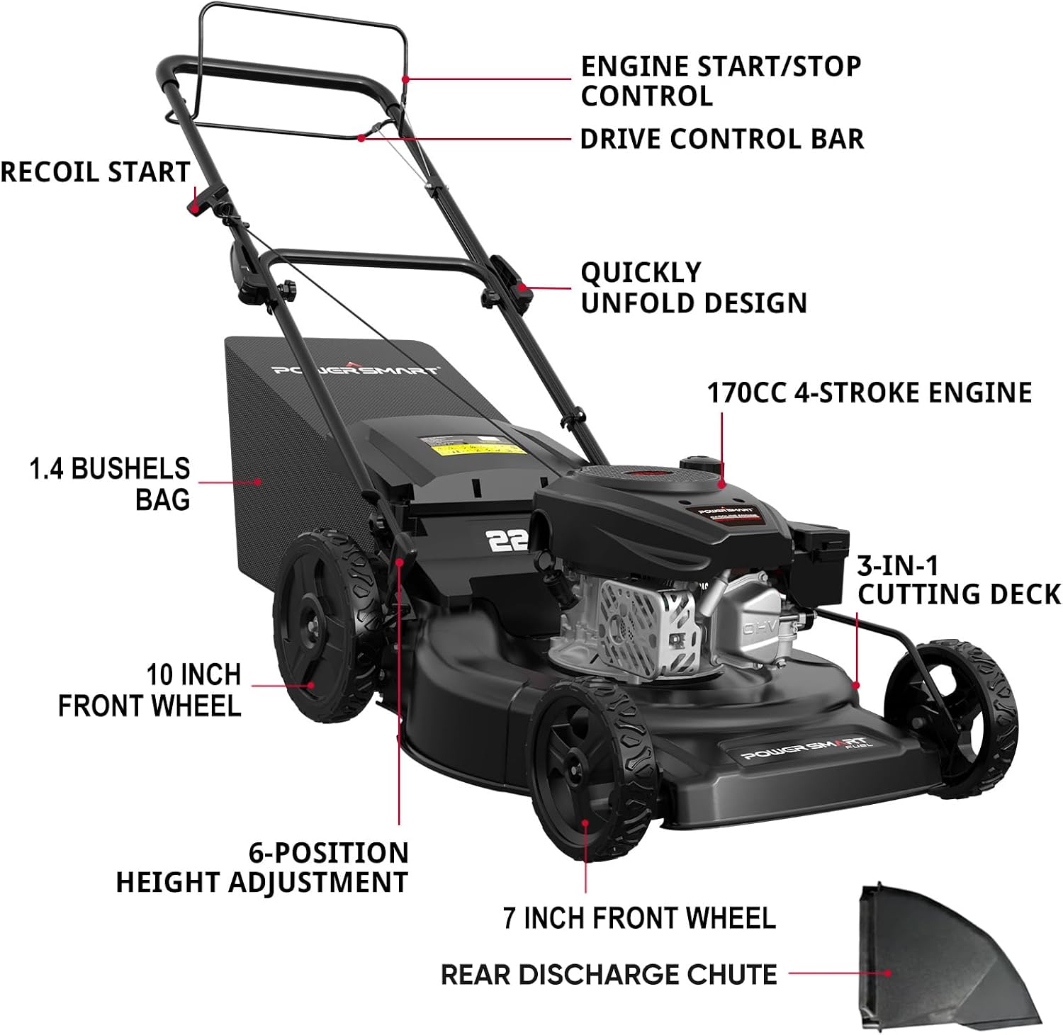 PowerSmart Self Propelled Gas Lawn Mower, 22 in. with 170cc OHV Engine, 3-in-1 Rear-Wheel Drive High Wheels, Black