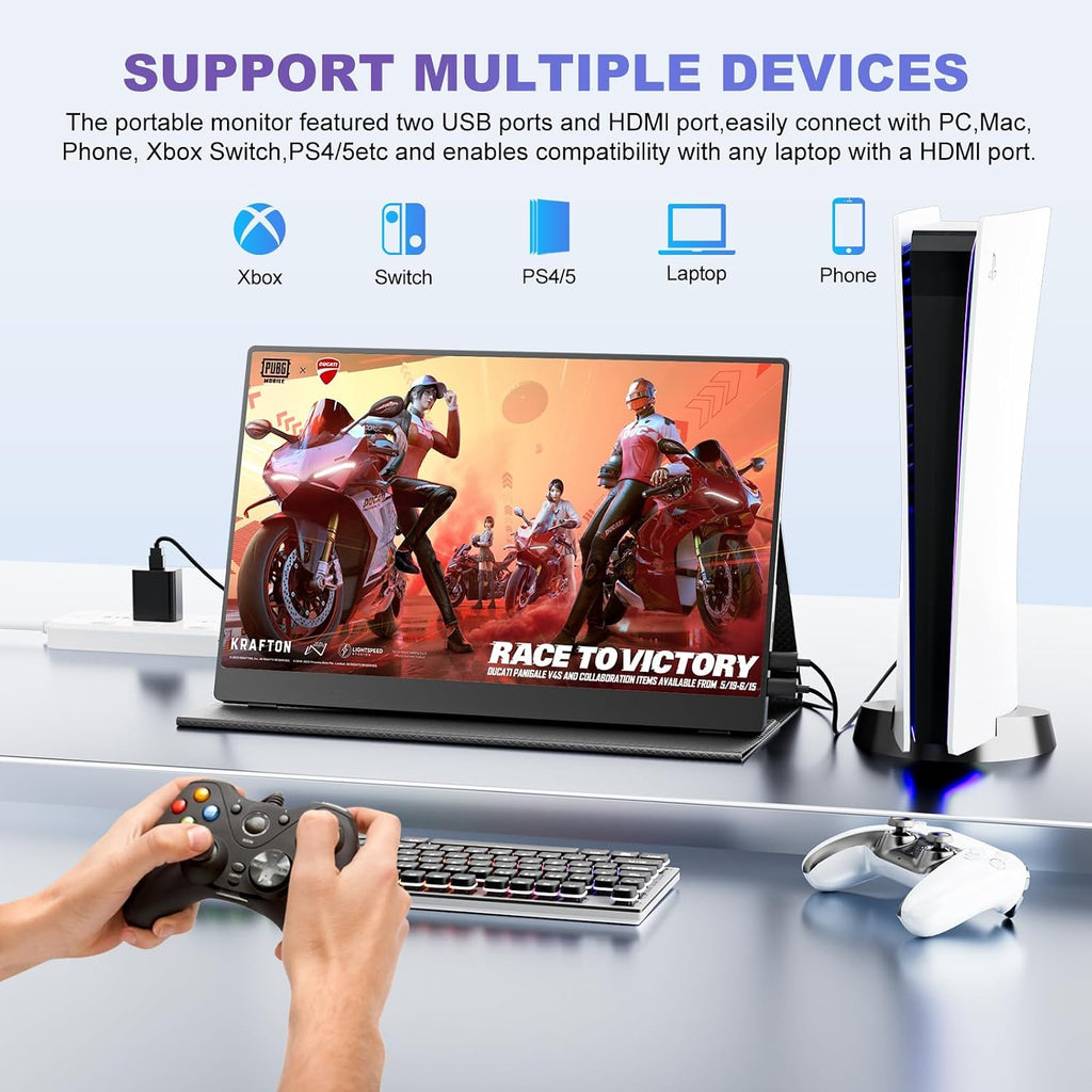 18.5 Inch Portable Monitor, FHD 120Hz IPS HDR 125% sRGB USB-C HDMI External Travel Monitor with Built-in Speakers, VESA Compatible for Laptop MacBook PC Surface PS5 Xbox