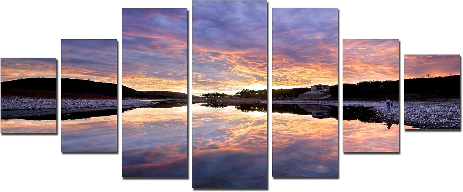 Startonight Huge Canvas Wall Art - Purple Sunrise Over Water Large Modern Framed Set of 7 40' x 95'