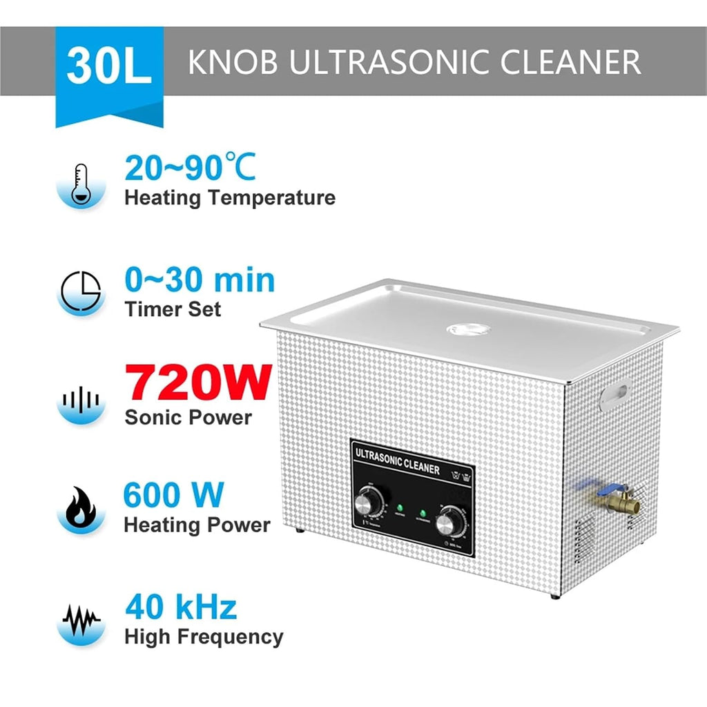 30L 900W Ultrasonic Cleaner 110V/220V Industrial Compatible with Injector Engine Auto Parts Lab PCB Cleaner Washing Machine(100-720W,EU)