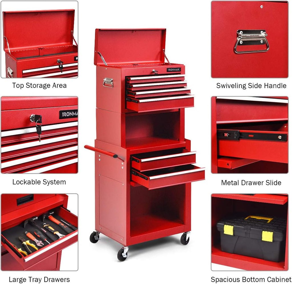 Goplus Tool Chest, 3-in-1 Rolling 6 Drawers Tool Cabinet with Detachable Top Toolbox, Middle Tool Storage, Universal Lockable Wheels, Protective Liner, Auto Lock, Metal Tool Box for Garage Workshop