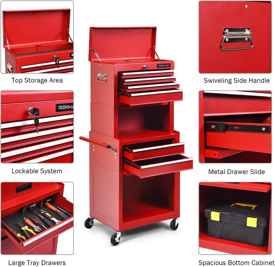 Goplus Tool Chest, 3-in-1 Rolling 6 Drawers Tool Cabinet with Detachable Top Toolbox, Middle Tool Storage, Universal Lockable Wheels, Protective Liner, Auto Lock, Metal Tool Box for Garage Workshop