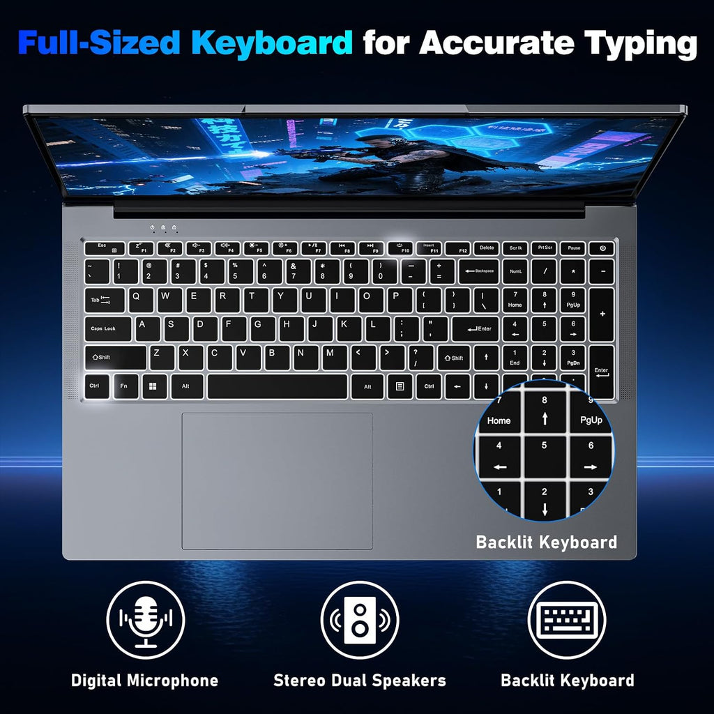 Gaming Laptop Computer, 17.3 Inch Lap Top PC Windows 11 Pro 2026, N150 (Up to 3.6GHz), 16GB RAM 1TB SSD, Integrated Graphics (1GHz), 1920x1080 Display, 46.2Wh, WiFi 5 /BT4.2, Backlit Keyboard