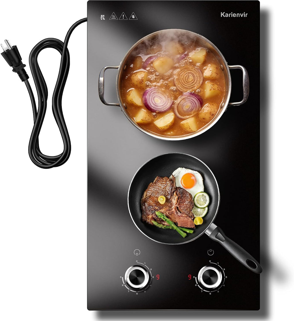 2 Burner Electric Cooktop 110V Karienvir, Plug in Electric Stove Top Burner 2000W, Cooktop Knob Controls, 12 Inch Countertop & Built-In Portable Kitchen Cooktop, 9 Power Levels, Residual Heat Warnings