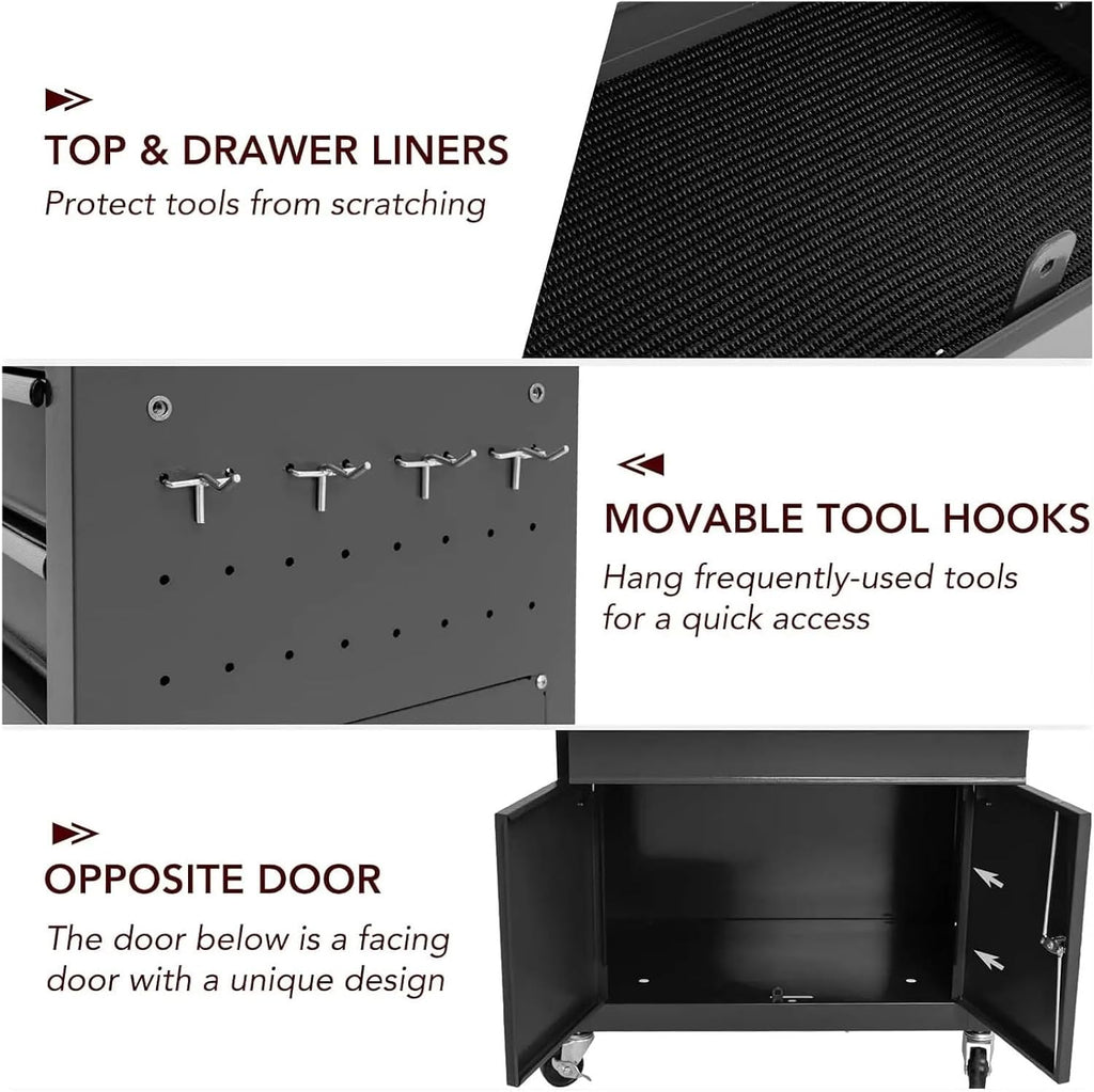 Multifunctional Rolling Tool Chest with 8 Drawers and Detachable Top Tool Box, Mobile Steel Tool Storage Organizer, Tool Chest on Wheels for Warehouse&Workshop, Side Hooks & Drawer Liners for Garage