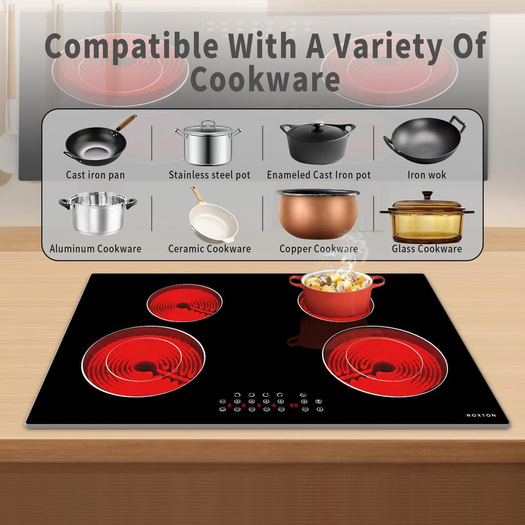 Noxton 30 Inch Electric Cooktop 4 Burners, Built in Electric stove top, Sensor Touch Ceramic Cooktop, Expandable Burners, Pause, Safety Lock, Timer, 7100W 220~240V (No Plug)
