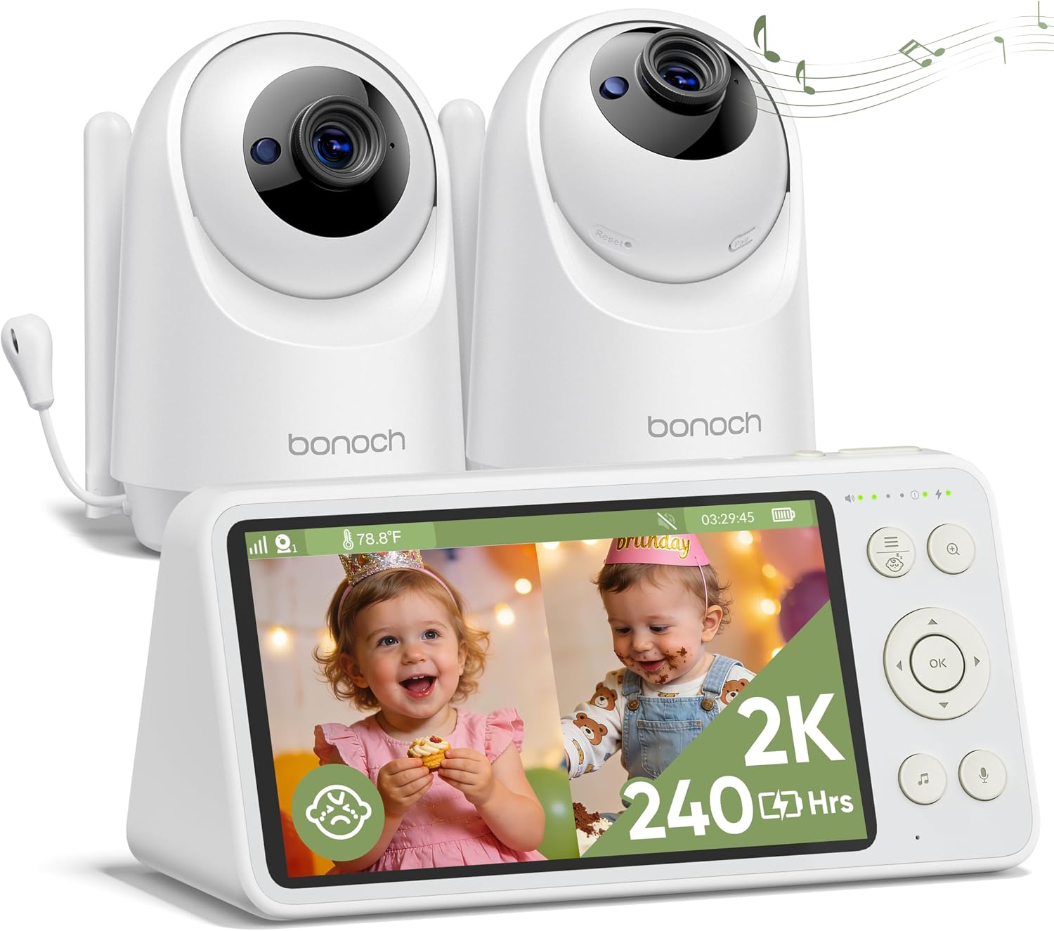 bonoch 2K 5.5' Split Screen Baby Monitor with 2 Cameras, 240hrs Battery Dual Video Monitor, White Noise, 1600ft Long-range, Hack-Proof No WiFi, Night Vision, Smart Detect for Cry/Sleep Turnover/Motion