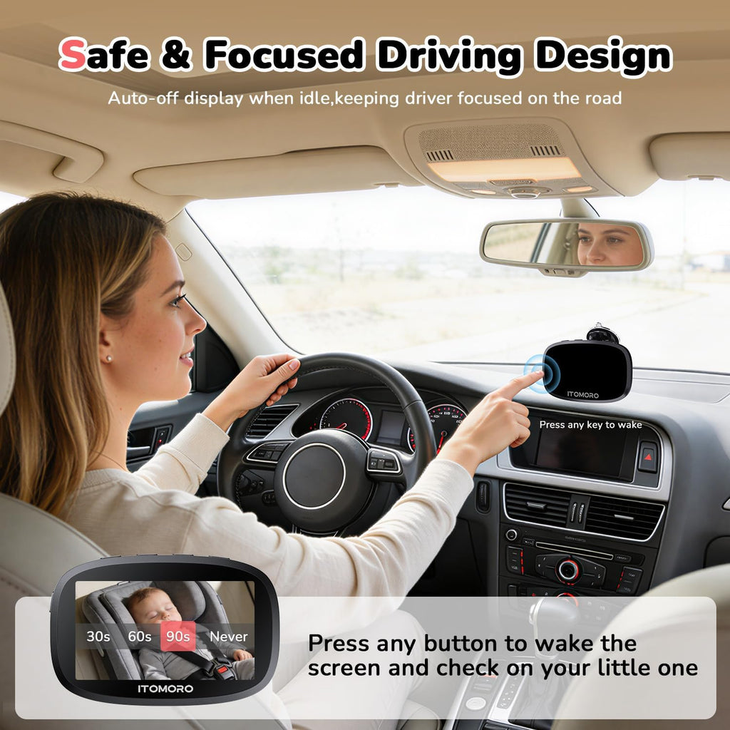 Itomoro Wireless Dual Baby Car Camera for 2 Kids, 5'' Rechargeable Split Screen HD Display with 2 Cameras, Car Monitor for Baby Max Range 1000FT, IR Night Vision, 360° Rotatable Rear Facing Mirrors