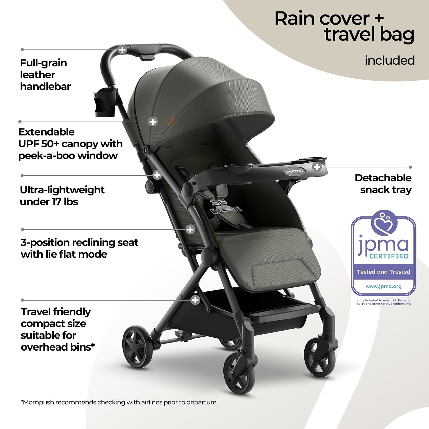 Mompush Lithe V2 Lightweight Travel Stroller, Compact Foldable Baby Stroller with Travel Bag, One-Hand Fold Stroller, Snack Tray, Mechanical Recline Seat, Airplane-Ready, UPF 50+ Canopy & Rain Cover