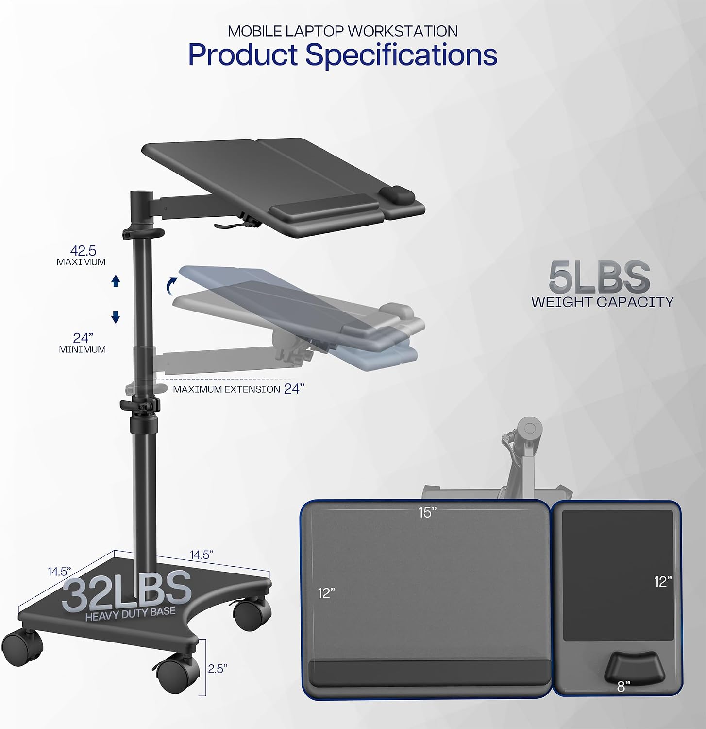 VIVO 15 x 12 inch Laptop Cart with Extension Arm, Over Sofa Rolling Tablet Stand with Adjustable Height and Tilt, Black, CART-H10L