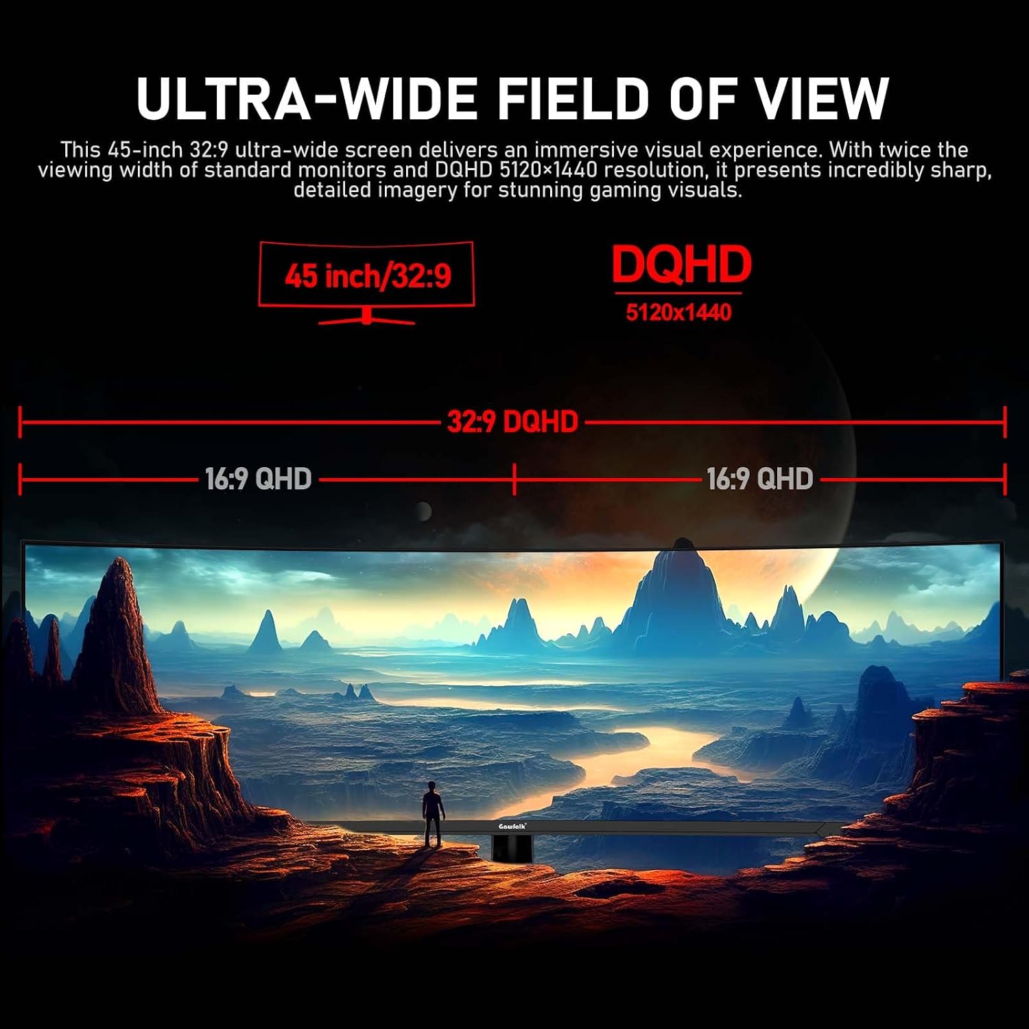 Gawfolk 45 inch Ultra-Wide Curved 1500R Gaming Computer Monitor, DQHD(5120×1440) PC Screen, 185Hz, 1MS, FreeSync, 120% sRGB, Built-in Speaker, HDMI2.1 & DP1.4, Compatible Wall Mount 100 * 00mm- Black