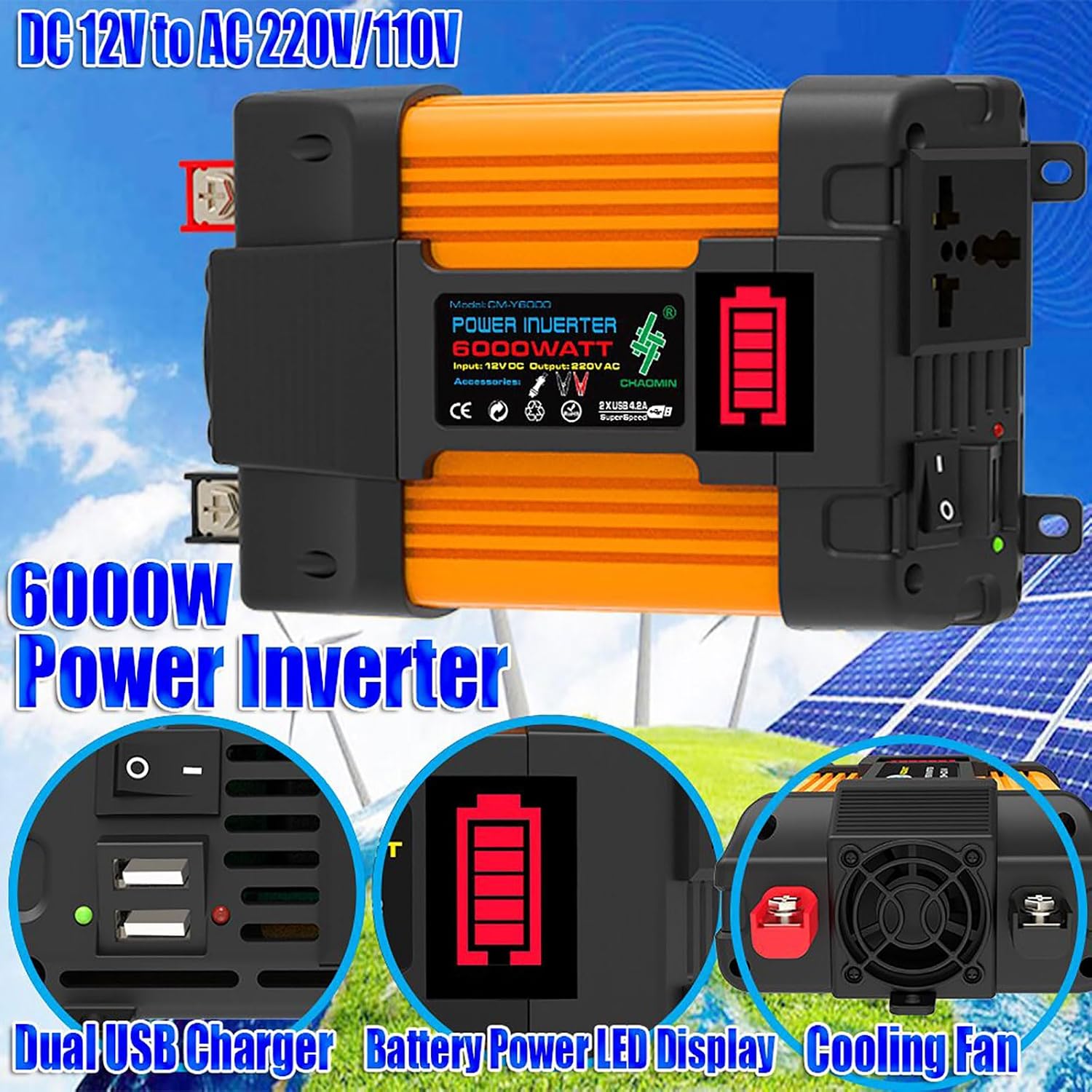 Solar Panel Kit, Complete 4000W/6000W Solar Inverter System Kit, 12V50A Solar Charge Controller with LED Power Display and 2 USB Ports ，100W Waterproof Folding Solar Panel,1× Hanging Ornament(4000w)