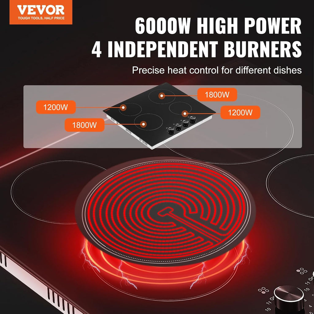 VEVOR Electric Ceramic Cooktop, Built-in Electric Stove Top, with Glass Panel, Knob Control, 11 Heat Levels, for Diverse Cooking Requirements (24inch-4burners/220V)