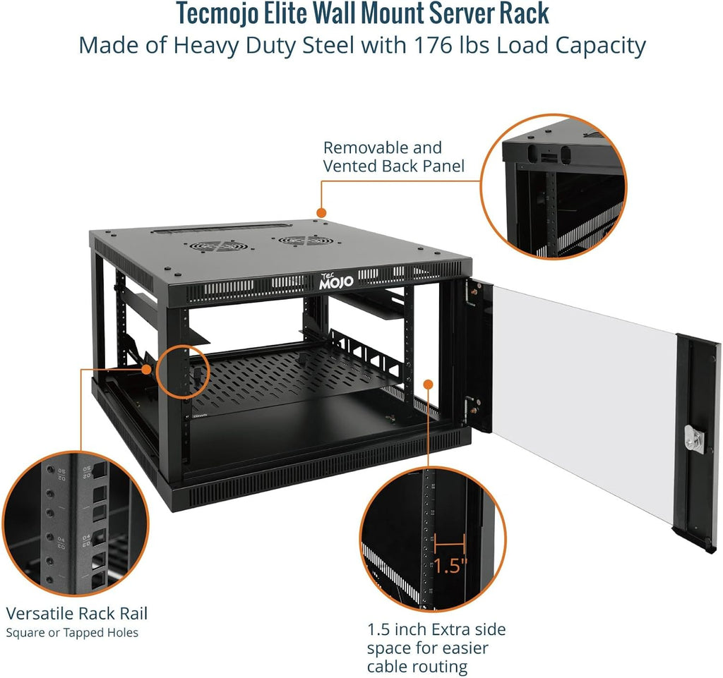 Tecmojo 6U Wall Mount Rack Cabinet, Heavy-Duty 176 Lbs High Load Capacity, 19' Enclosed Server Network Rack with Glass Door, 17.7' Deep – Elite Collection
