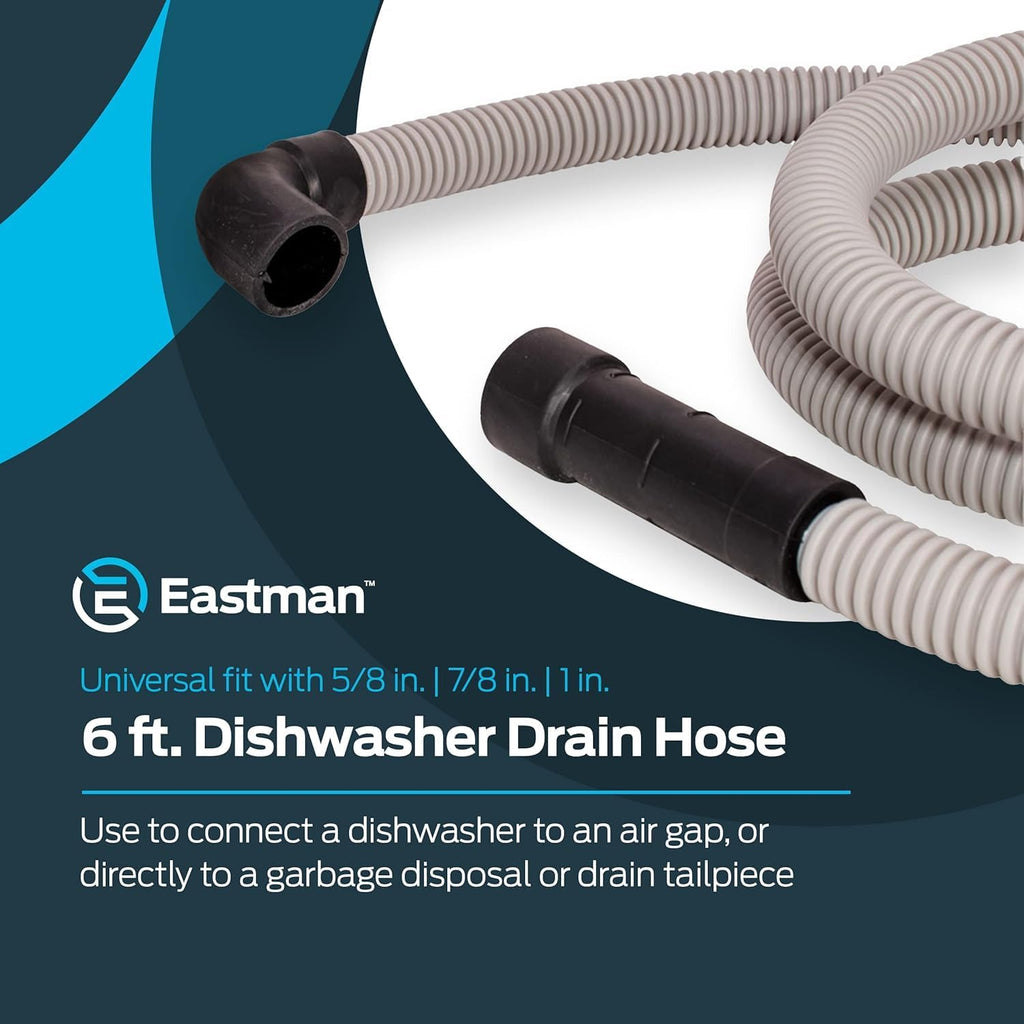 Eastman 6 Foot Dishwasher Drain Hose, Fit with 5/8 Inch, 7/8 Inch, or 1 Inch OD Drain Outlet, 90 Degree Rubber Elbow, Corrugated, Gray Polypropylene, 91227 (Pack of 10)