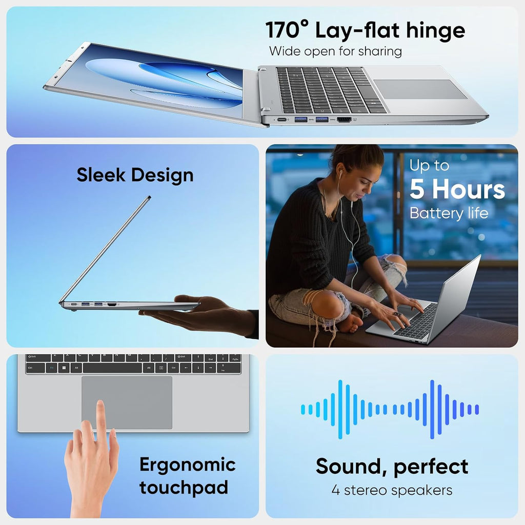 Laptop Computer, 16GB RAM 256GB SSD Laptops, 6500Y Processor (up to 3.4GHz), 15.6' FHD IPS Display, Laptop for Student and Business, WiFi 5, BT 5.0, Sliver