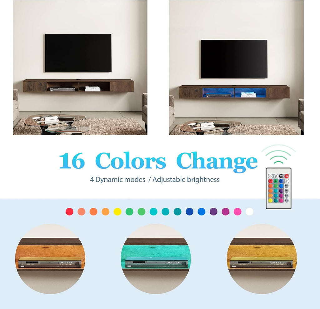 WAMPAT Floating Entertainment Center for 80 Inch TV,TV Stand Wall Mounted with LED Light, Floating TV Shelf Under TV for Living Room, Bedroom, Brown