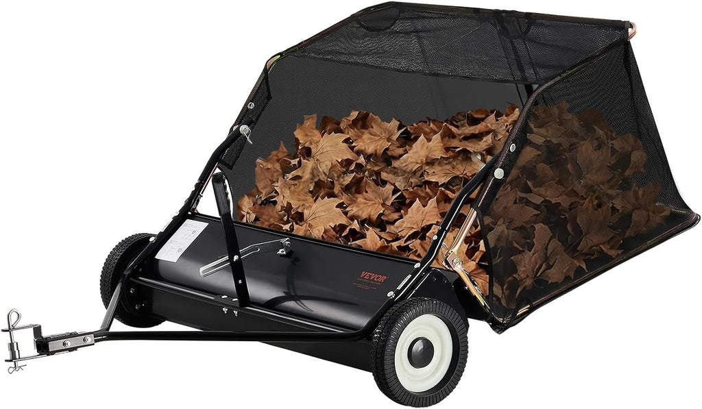 VEVOR 42 Inch Lawn Sweeper Tow Behind, 12 cu.ft. Large Pull Behind Grass Sweeper, Heavy Duty Leaf & Grass Collector with Dumping Rope Design, Adjustable Sweeping Height for Picking Up Debris & Grass