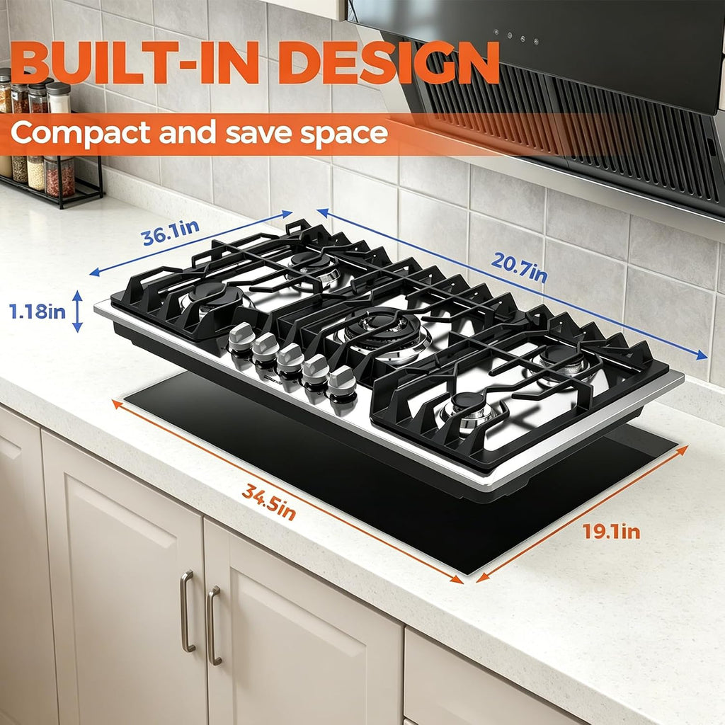 TOPWISH 36 Inch Gas Cooktop, Propane Stove Top with 5 ITALY SABAF Sealed Burners 41,800BTU, NG/LPG Convertible Built-in Stainless Steel Stovetop with Thermocouple Protection for Rvs Kitchen Outdoor