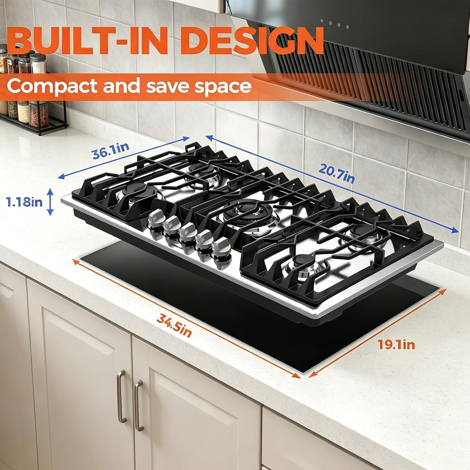 TOPWISH 36 Inch Gas Cooktop, Propane Stove Top with 5 ITALY SABAF Sealed Burners 41,800BTU, NG/LPG Convertible Built-in Stainless Steel Stovetop with Thermocouple Protection for Rvs Kitchen Outdoor