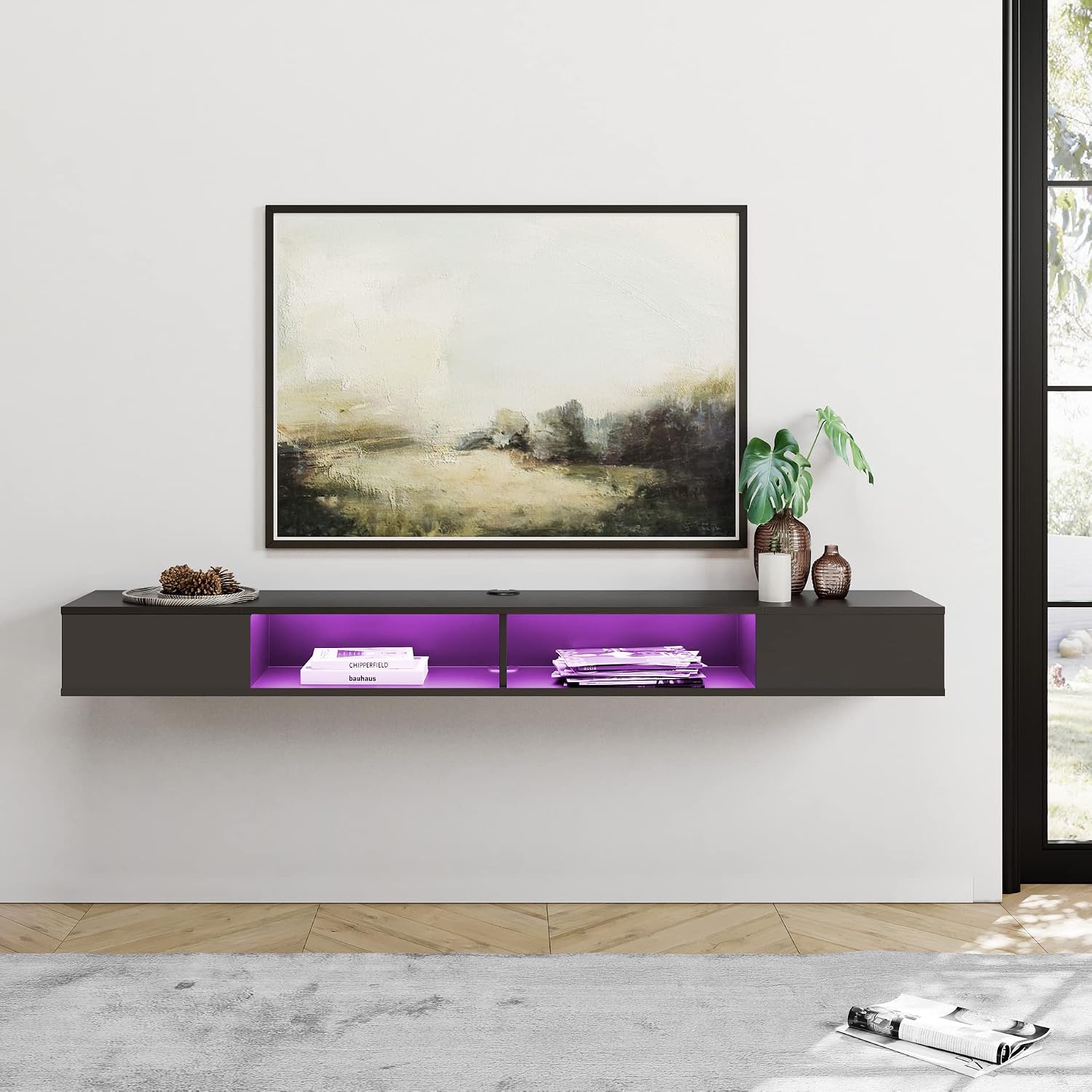 WAMPAT Floating Entertainment Center for 80 Inch TV,TV Stand Wall Mounted with LED Light, Floating TV Shelf Under TV for Living Room, Bedroom, Black