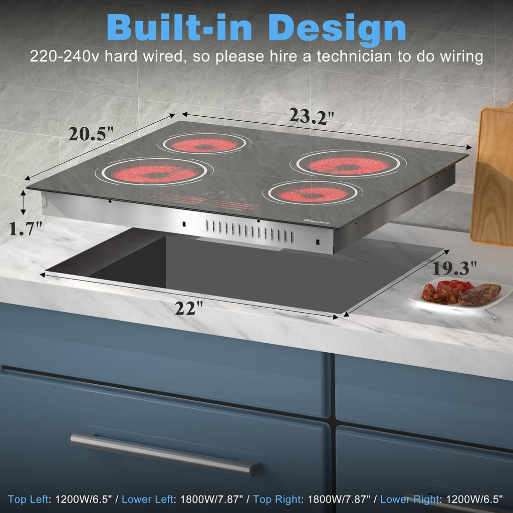 4 Burner Electric Cooktop - 24 Inch Electric Stove Top 6000W High Power Built-in, Ceramic Cook Top with Safety Lock, 99 Min Timer, Sensor Touch, 220V - 240V Hard Wired (No Plug)
