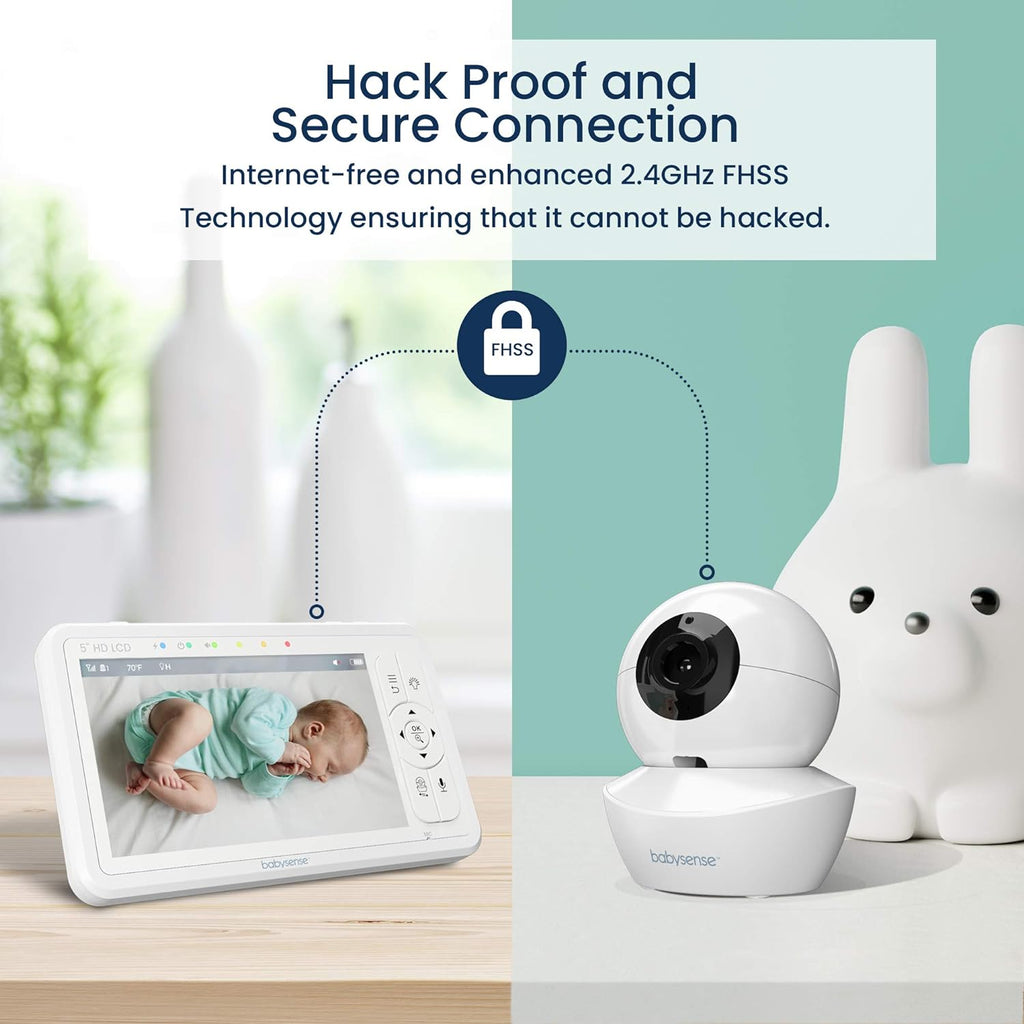 Babysense 5' HD Split-Screen Baby Monitor, Video Baby Monitor with 2 Cameras and Audio, Night Light, 1000ft Range, Two-Way Audio, 4X Zoom, Night Vision, 4000mAh Battery