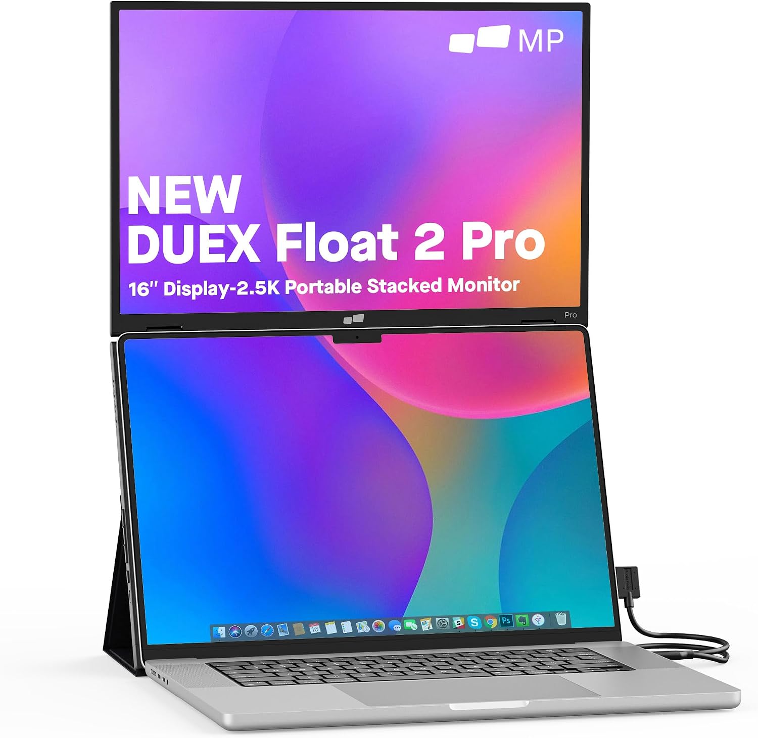 New Mobile Pixels Duex Float 2 Pro 2.5 K Portable Monitor, 16' Laptop Screen Extender (Built-in Kickstand), USB C/HDMI Stacked Monitor Extender with Dual Speakers, Windows, MacOS, Switch, Android