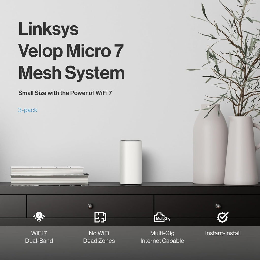 Linksys Velop Micro 7 Dual-Band BE5000 Wi-Fi 7 Mesh System | 4 WiFi Streams up to 5 Gbps | 6600 sq.ft. Coverage | Supports Internet Plans up to 2.5 Gbps | 3-Pack